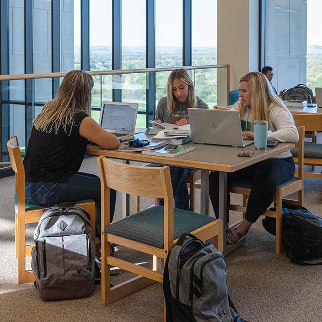 Students studying at a table in the library