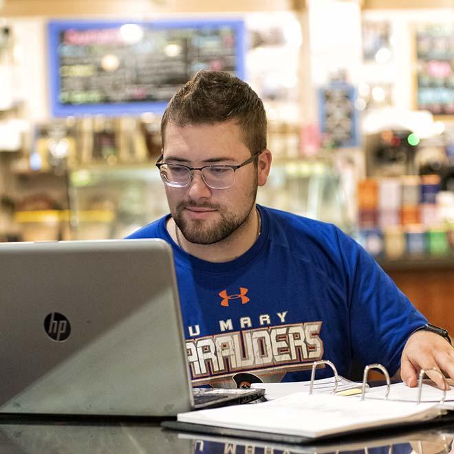 Male adult student in coffee shop studying on laptop