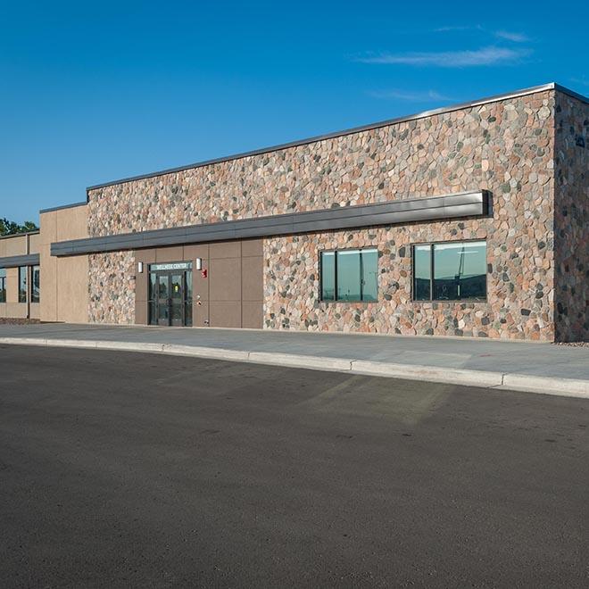 Exterior view of the fieldhouse on the University of Mary campus.