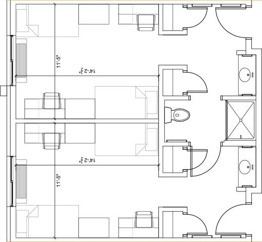An architectural floor plan of a suite in Saint Scholastica. 