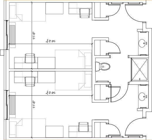 Architectural floor plans for a suite in Roers Hall.