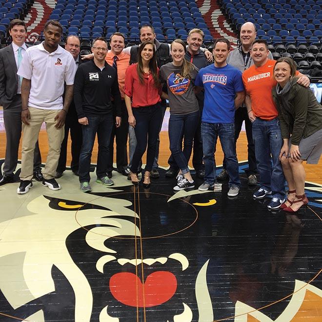 Group of ELA students on the Minnesota Timberwolves basketball court  