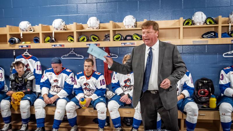 ​​​​​​​Marauders Hockey Head Coach Dan Huntley in the team locker room.