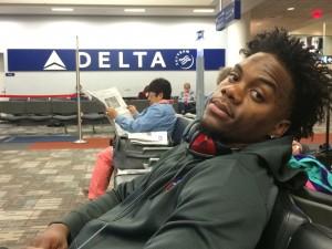 Devan Douglas relaxes before boarding his plane to Houston for the national State Farm Slam Dunk Championship