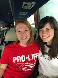 University of Mary student Katrina Gallic with classmate Ann Dziak (Yantes) on bus to the 2017 March for Life