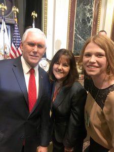 University of Mary senior Katrina Gallic (right), with Vice President Mike Pence (left), and his wife Karen (middle), at the pre-March for Life Reception in the Eisenhower Building Thursday, January 18, 2018