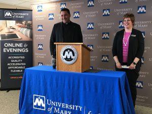 University of Mary President Monsignor James Shea and Occupational Therapy Program Director Janeene Sibla answer questions from the Fargo media after announcing the school’s plans to offer the Doctorate of Occupational Therapy and expand into Fargo