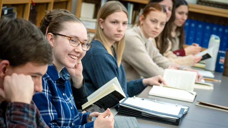several students listening to a lecture in the Catholic Studies classroom