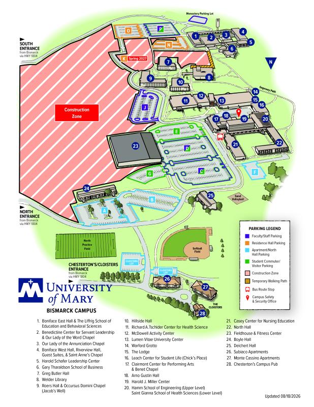Map of University of Mary Campus parking locations and landscape closures