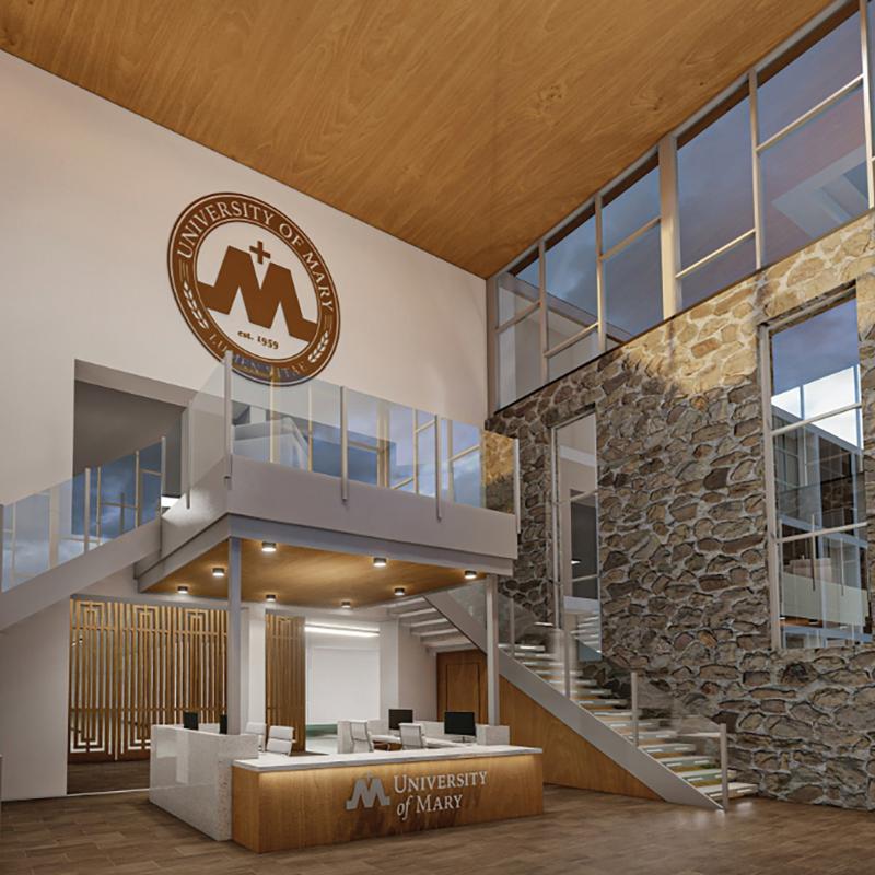 An artist's rendering shows the proposed University of Mary Welcome Center.
