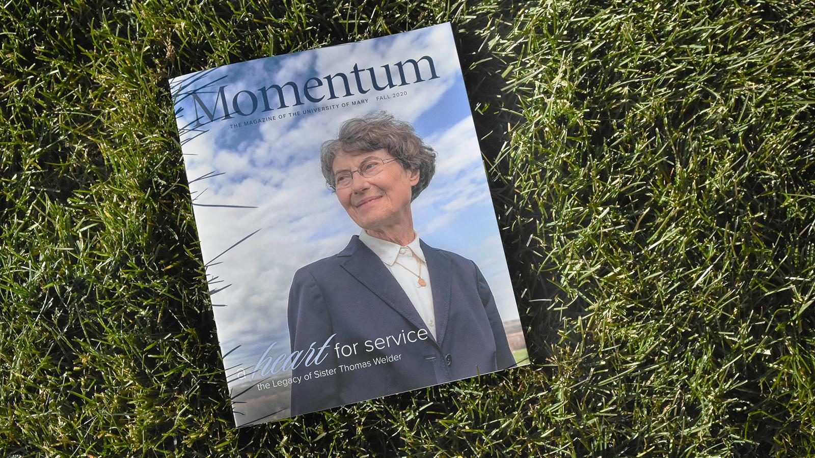 Alumni Magazine Header with Sister Thomas on Cover