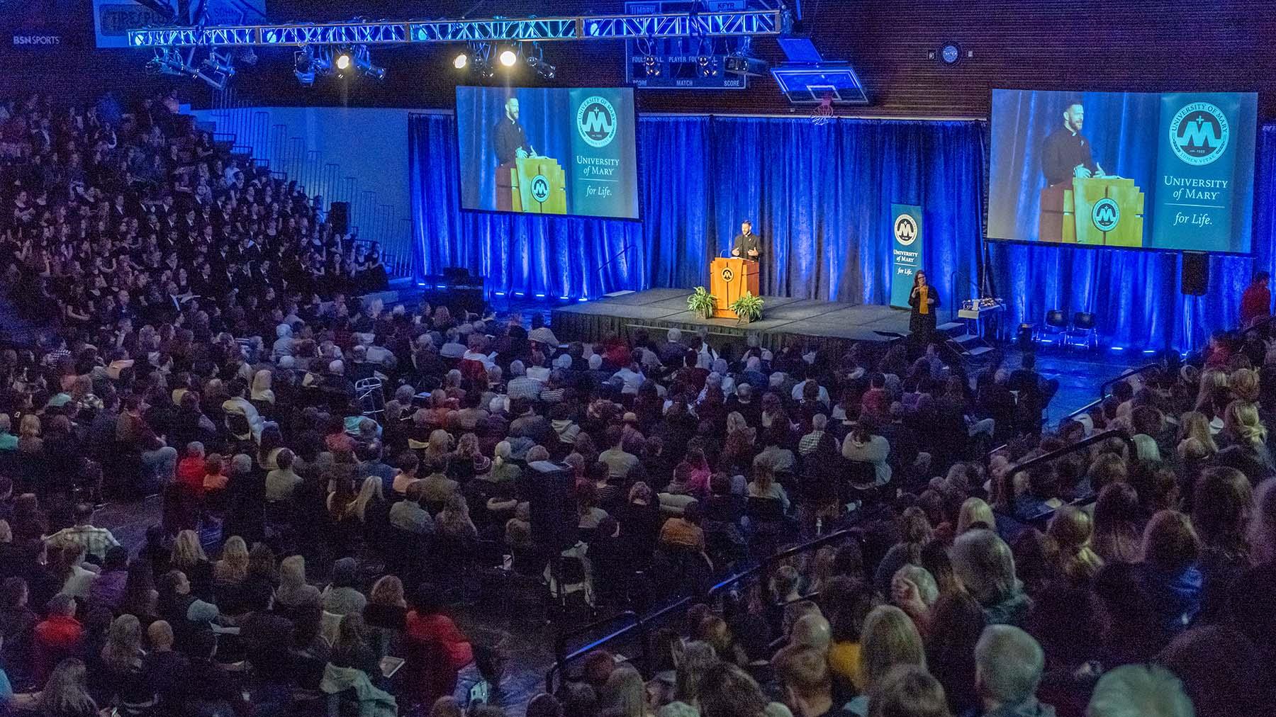 Full crowd participating in University of Mary's annual Prayer Day