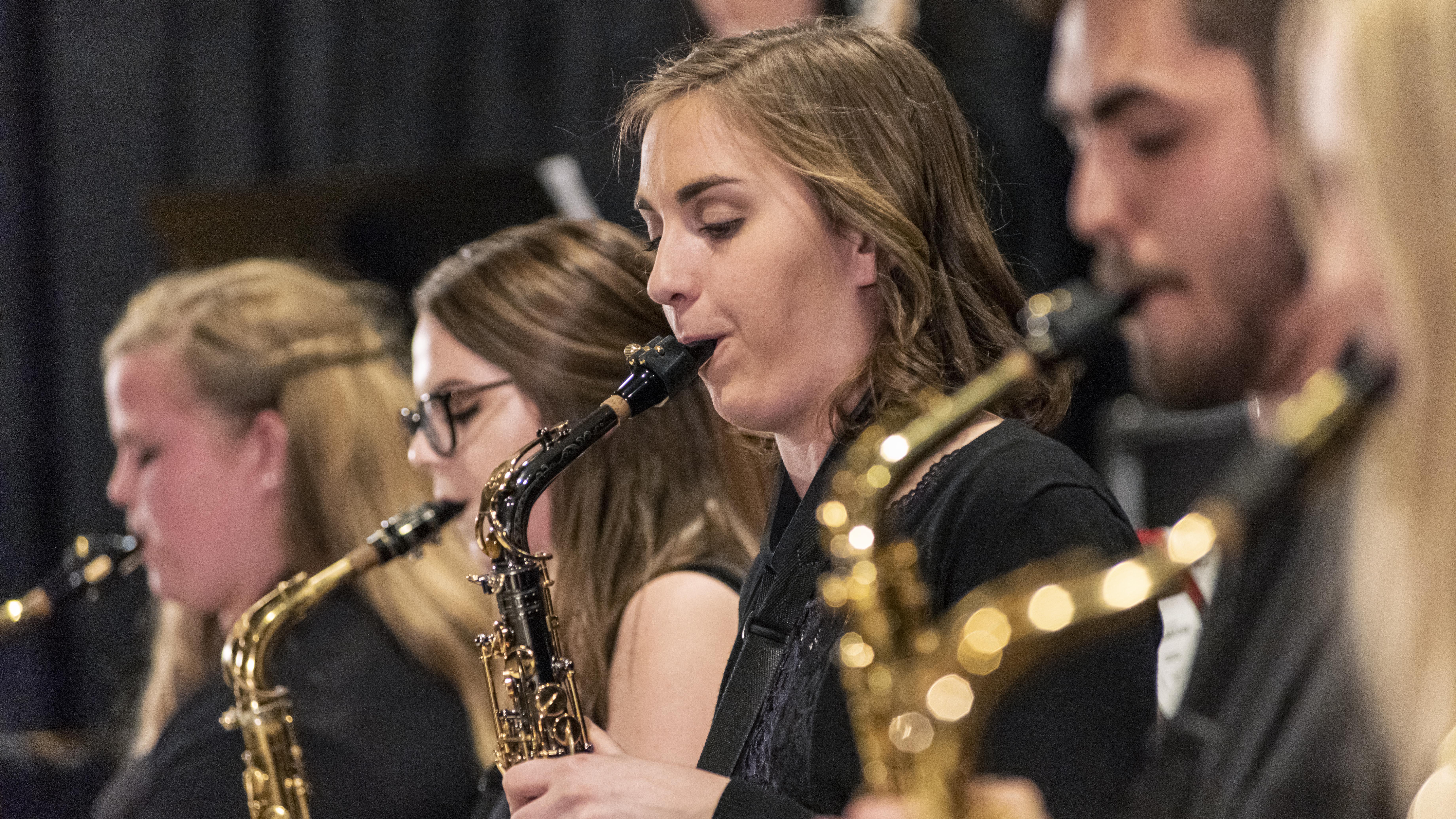 University of Mary students playing saxophone during Jazz Festival
