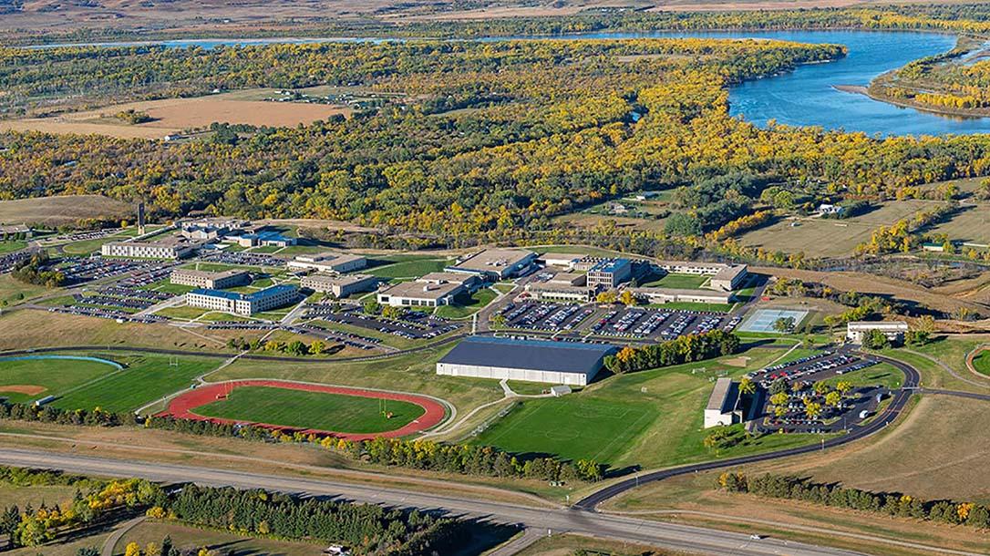 Aerial of University of Mary campus with the highway to the east and the Missouri River to the west 