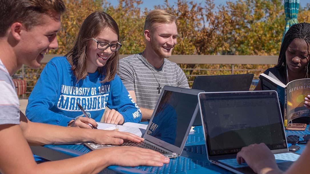 Students studying outside on a fall day