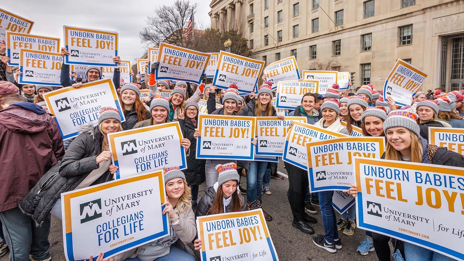 Large group of smiling students with Collegians for Life signs at the March for Life