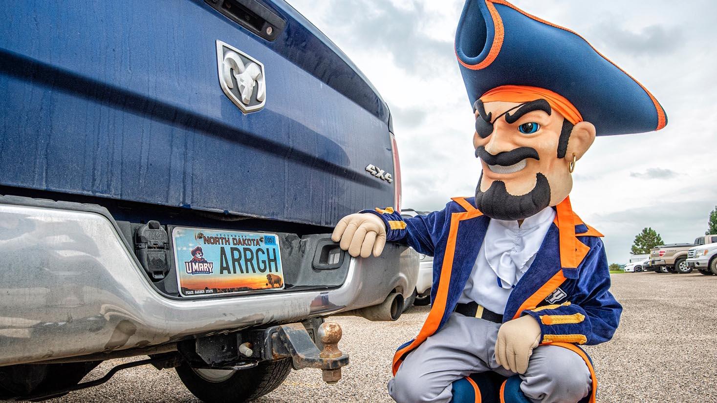 Max the Marauder next to the University of Mary license plate.