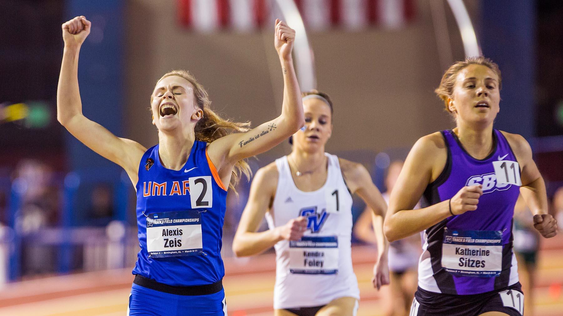  Alexis Zeis winning the 5,000 meter at the NCAA Division II National Indoor Championships in Birmingham, Alabama.