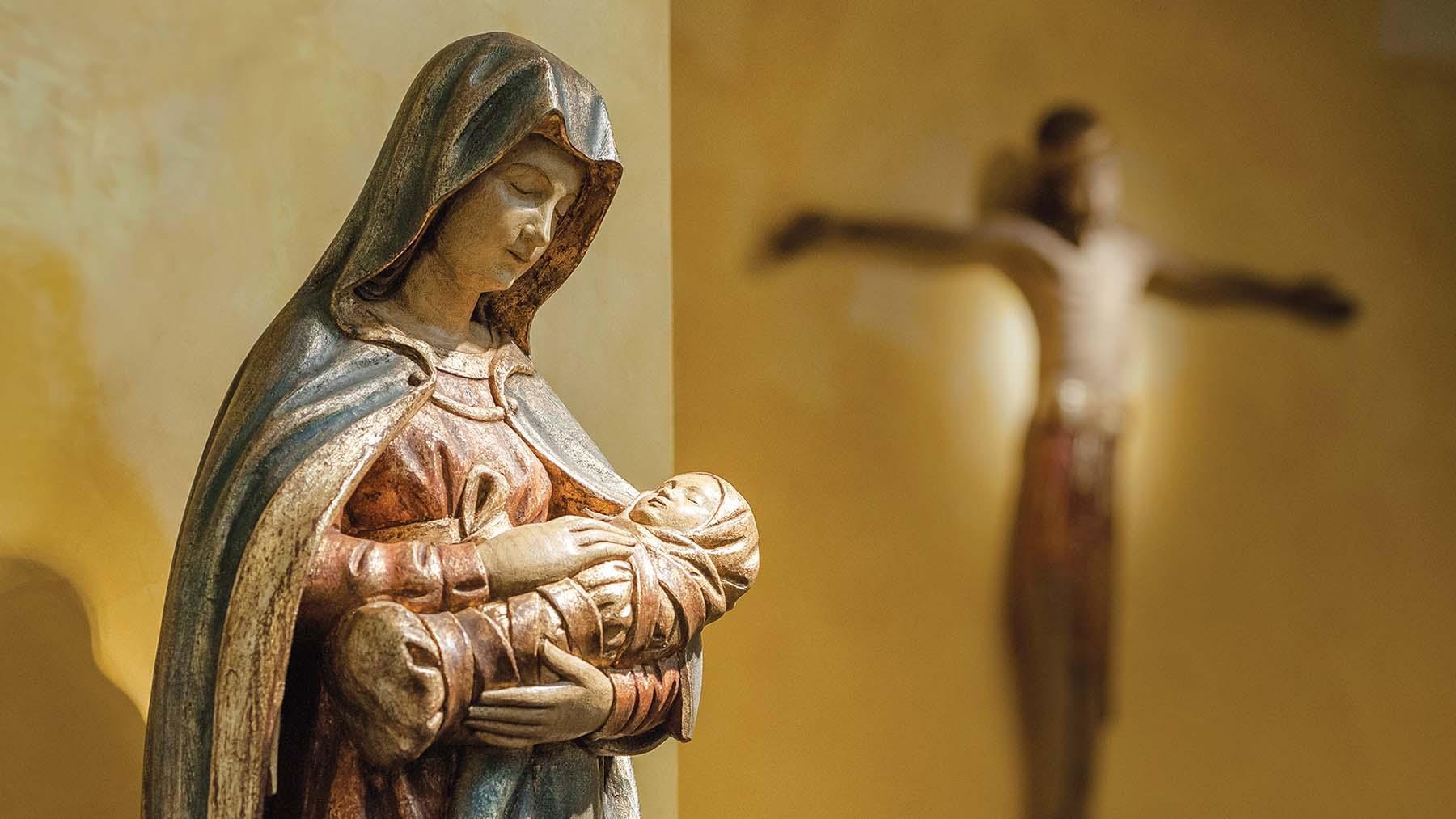 Closeup of Madonna and Child statue in Benet Chapel 
