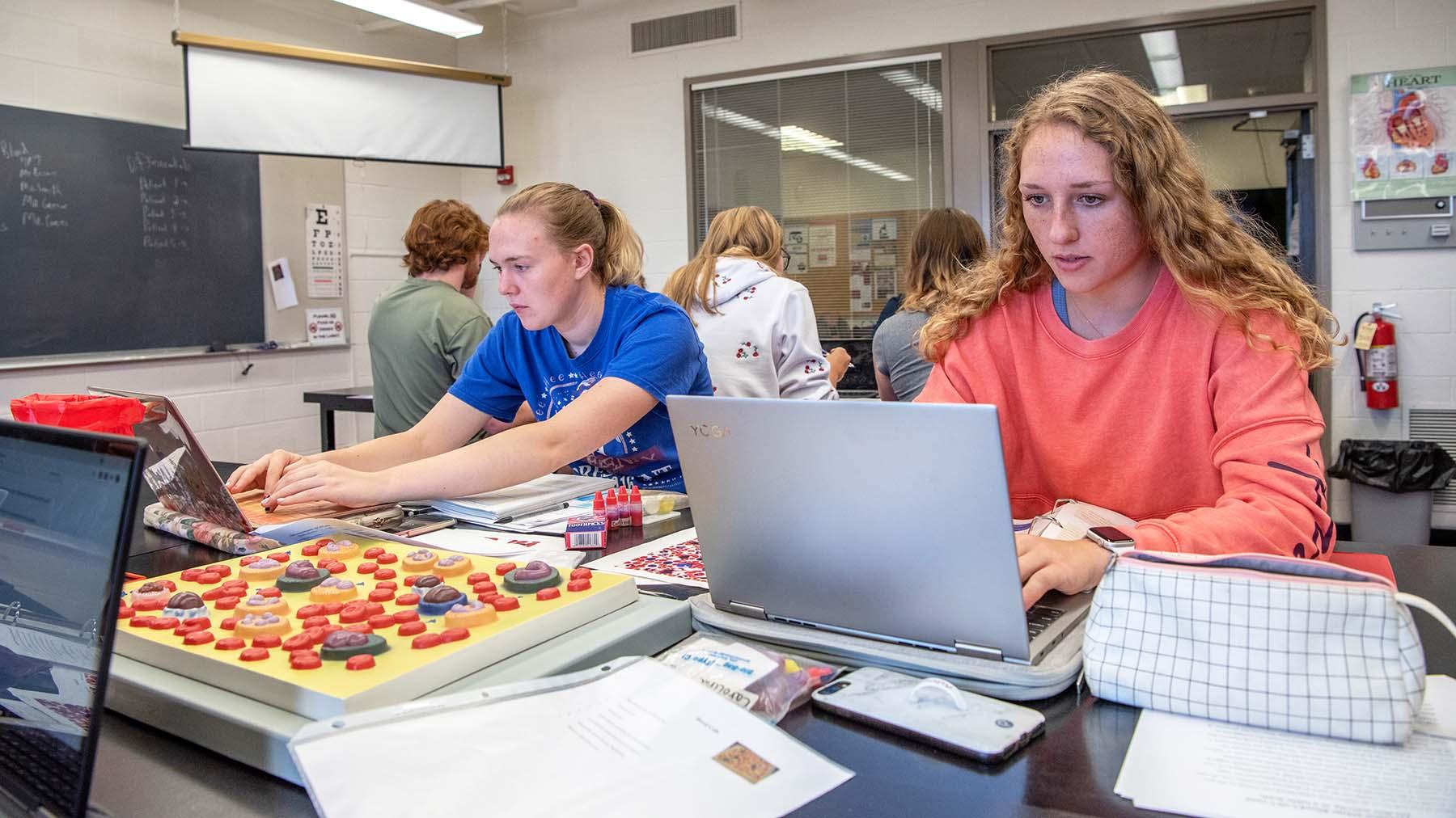 Students in anatomy lab studying blood types