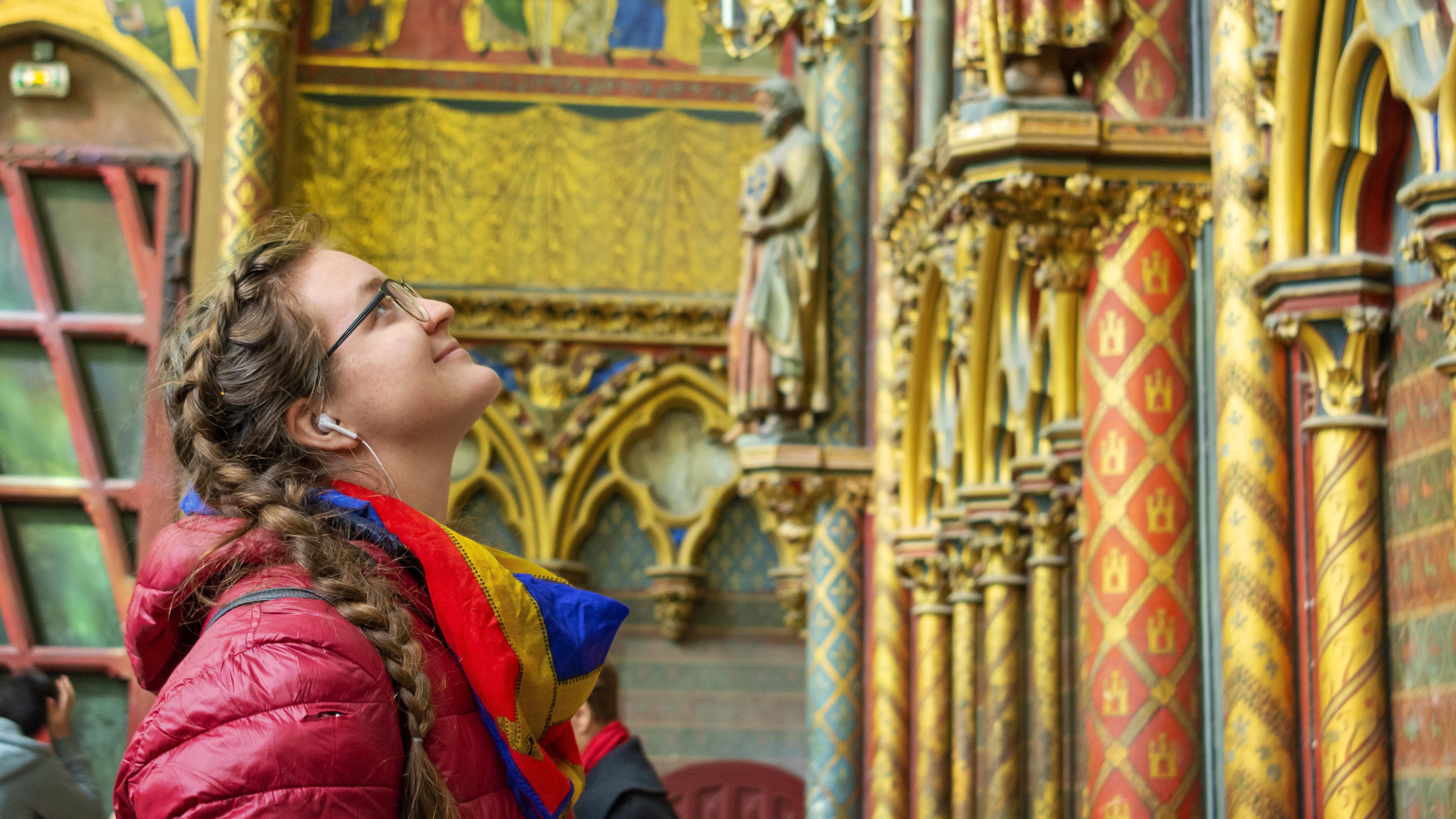 Study abroad student gazing at beautiful church