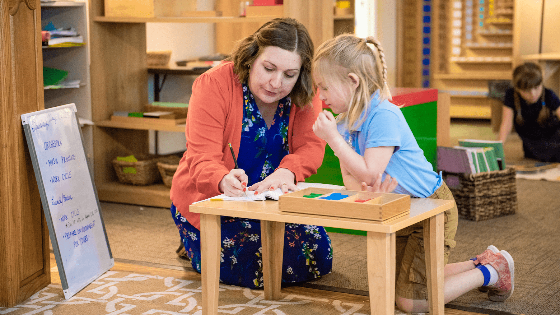 Montessori guide working with a child in the environment.